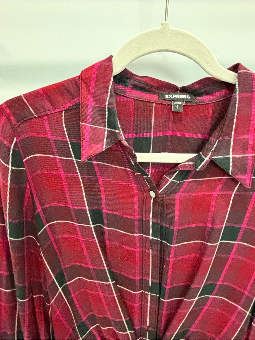 Express Red Plaid Tie-Front Long Sleeve Shirt Dress - Picture 3 of 5